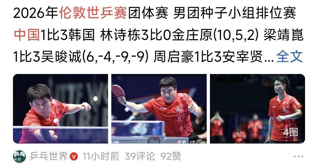 中国男子乒乓球队在伦敦世锦赛团体赛排位赛中以1：3负于韩国队，这也是中国队26年