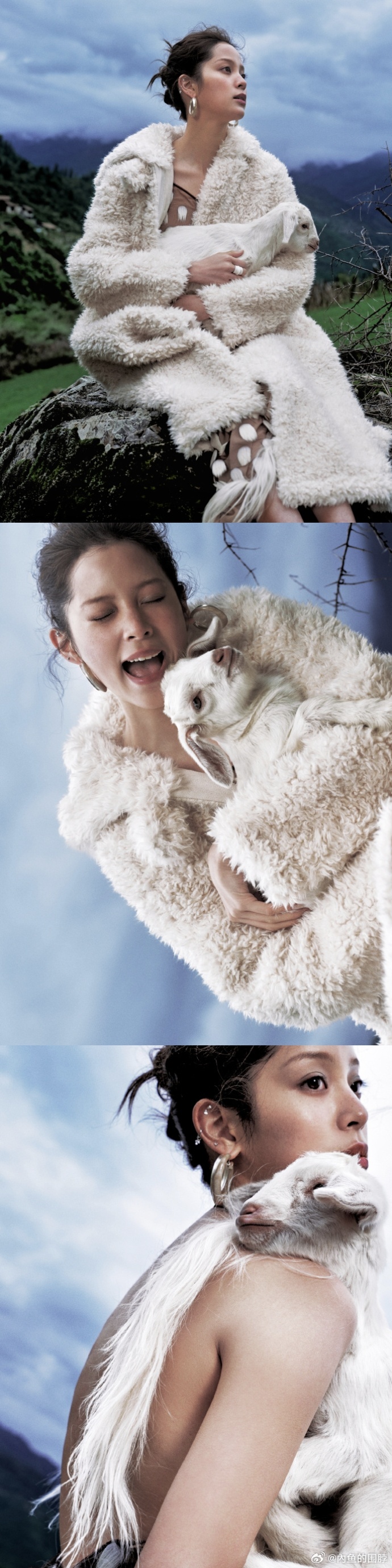 欧阳娜娜vogue抱羊出图 娜娜抱着小羊站在山野里，风轻轻吹着她的头发，连空气里