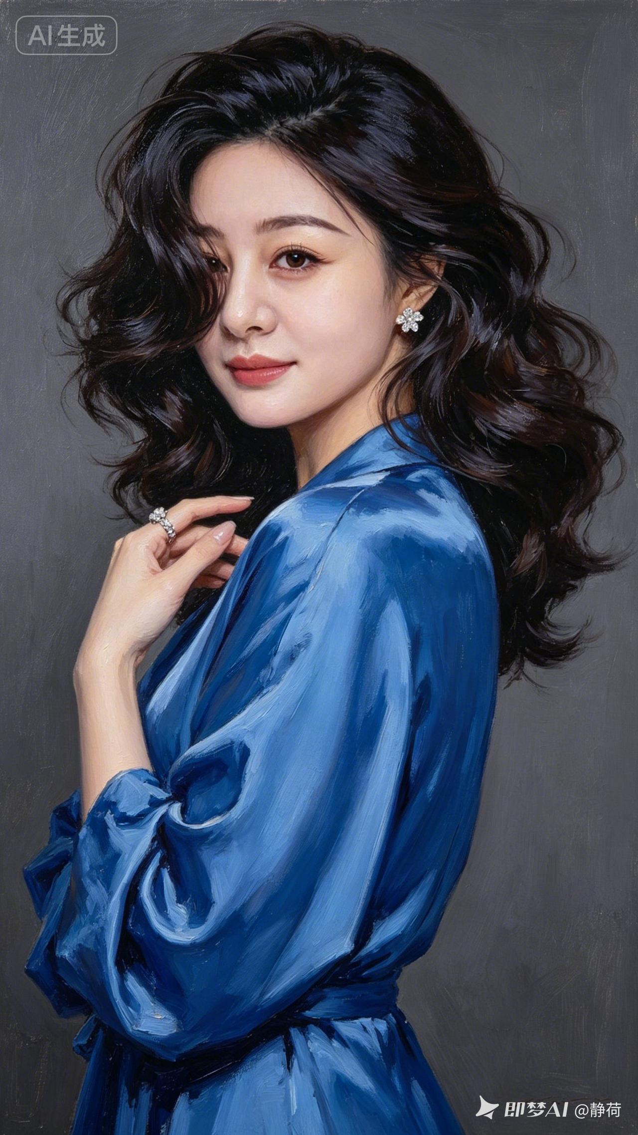 一位穿蓝裙的漂亮女士在微笑。