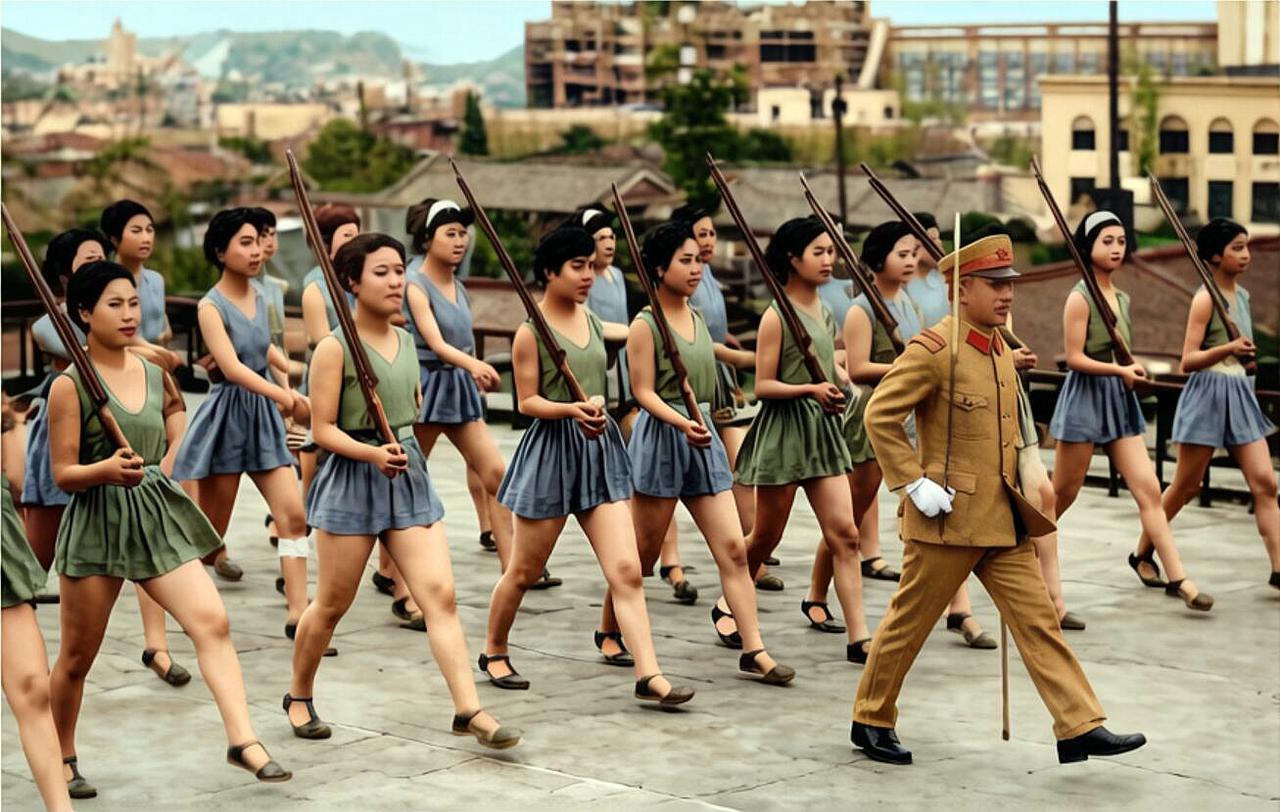 画面中这些衣着清凉的年轻女子都是日本国内的歌舞艺伎， 日本全面侵华时期，她们在日