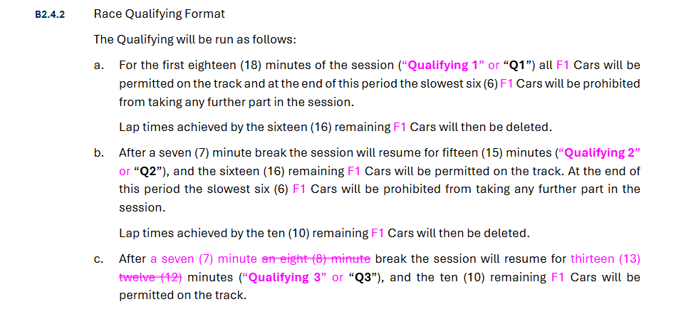 F1修改了运动规则，大奖赛排位赛Q3增加了1分钟，Q2和Q3之间间隔缩短至7分钟