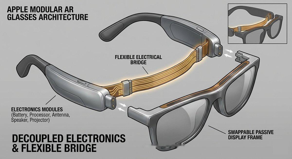苹果新专利：头戴设备（AR/VR 眼镜）的模块化架构。用户可以在不同活动中更换镜
