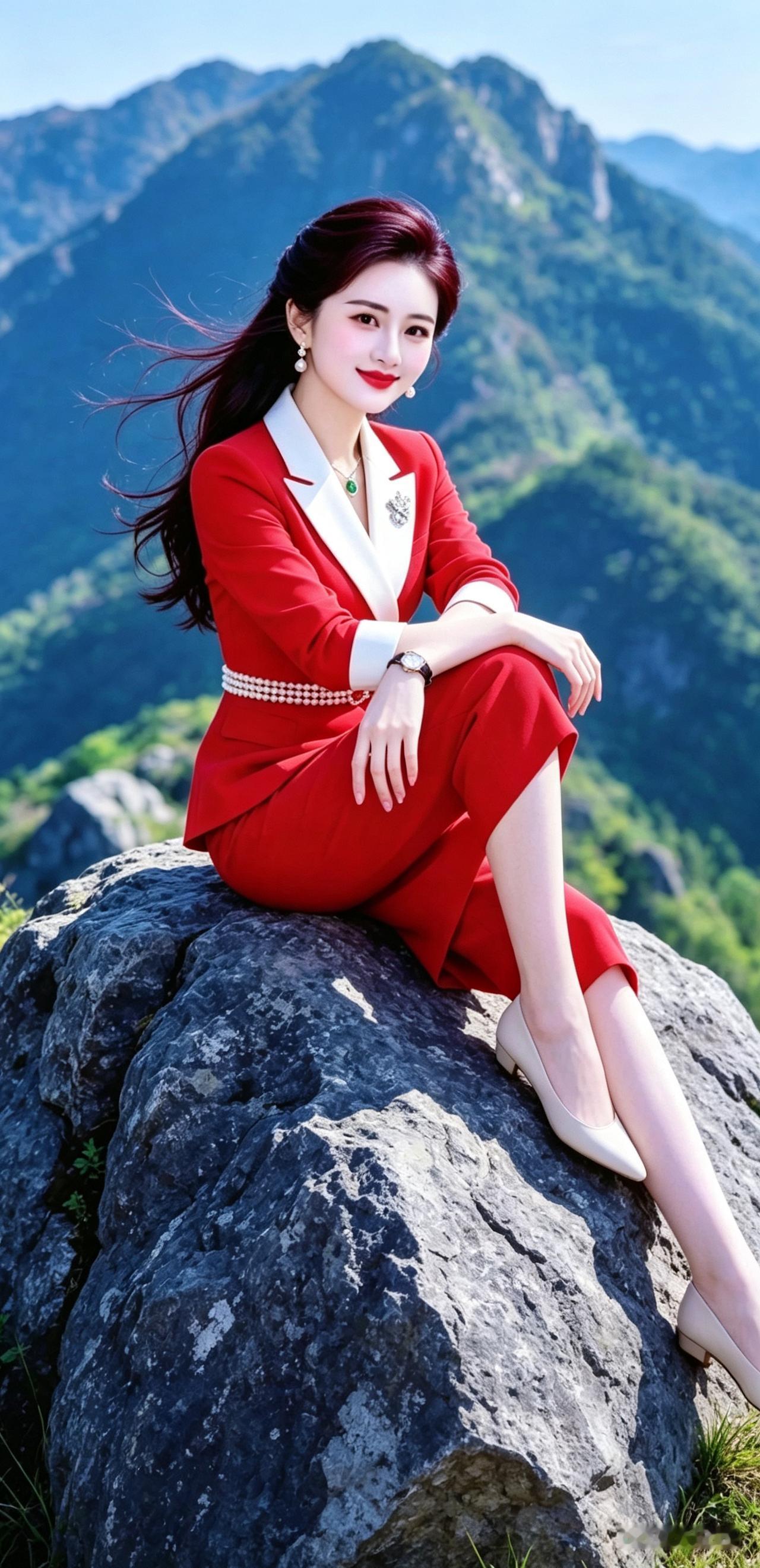 山间风景总是藏着无尽的惊喜。红衣少女坐在石头上的画面，那一瞬间，仿佛时光都静止了