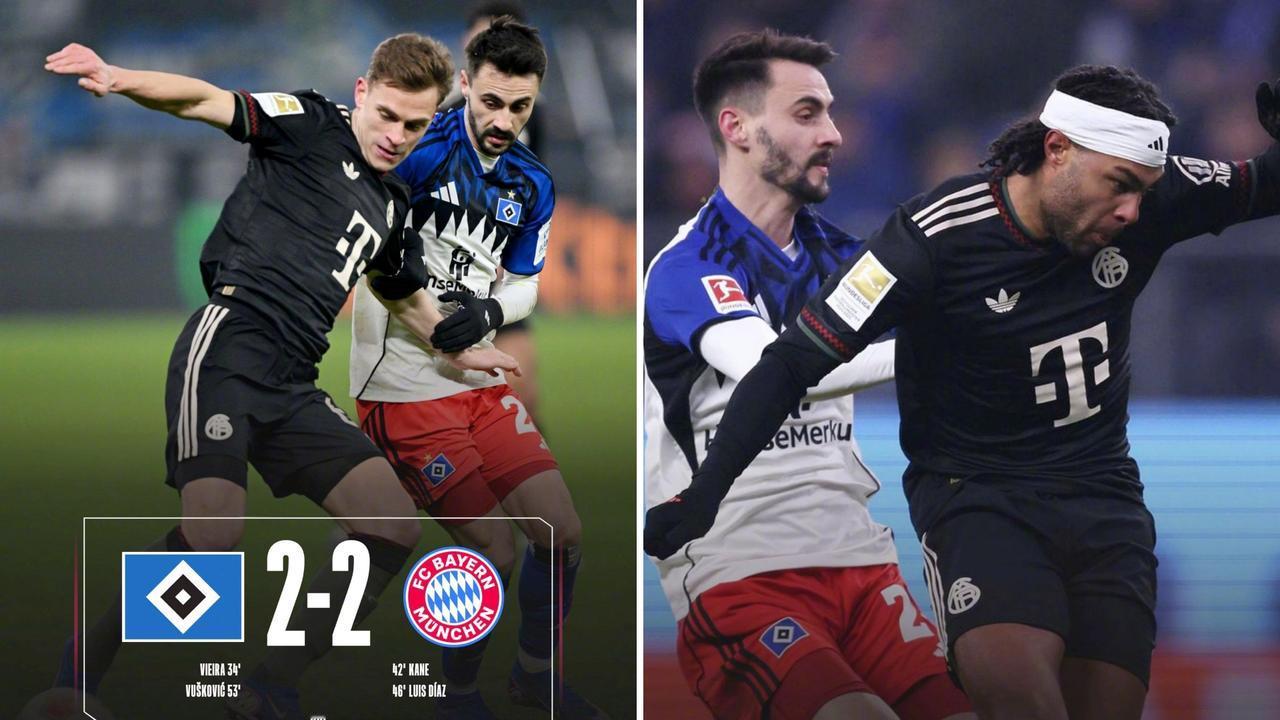 德甲：拜仁慕尼黑客场2-2与汉堡战平，联赛遭遇两轮不胜。
维埃拉点射，基米希扳平