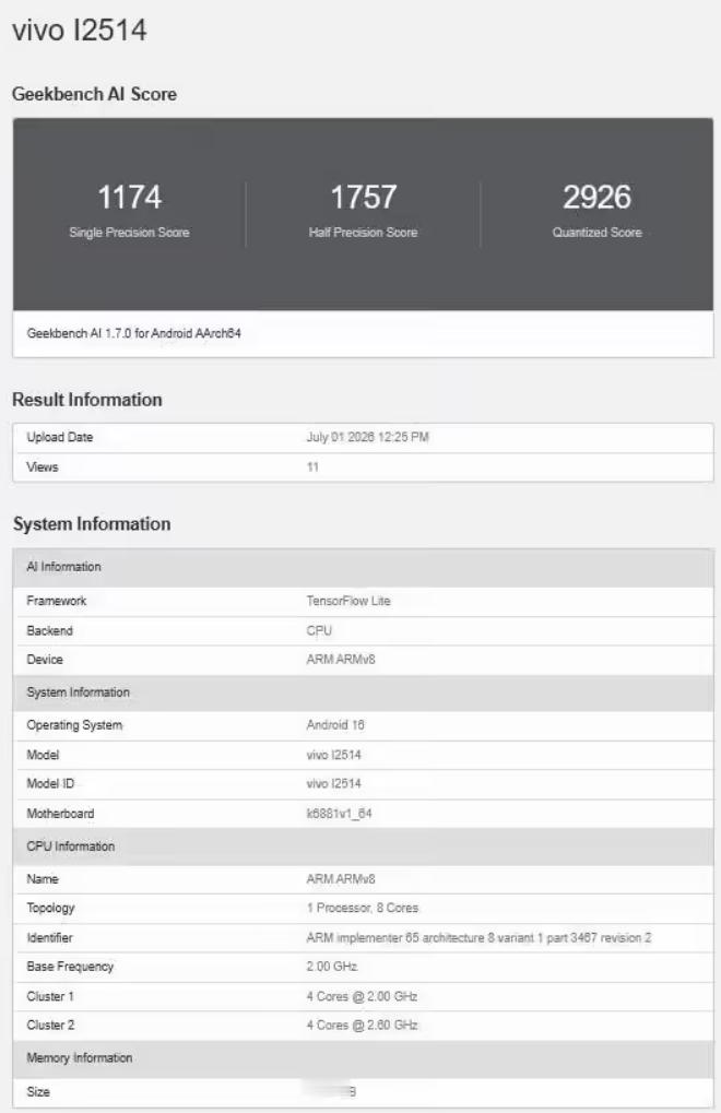 【解码时刻】  vivo I2514新机现身Geekbench AI跑分库，疑似