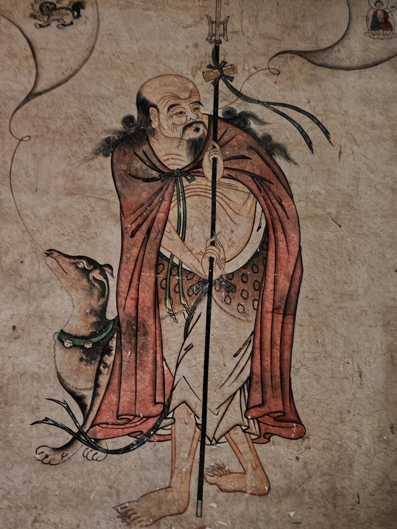 山西平遥镇国寺万佛楼殿内两侧狭窄的墙壁上，绘有两幅明代人物单幅壁画，文殊与普贤菩