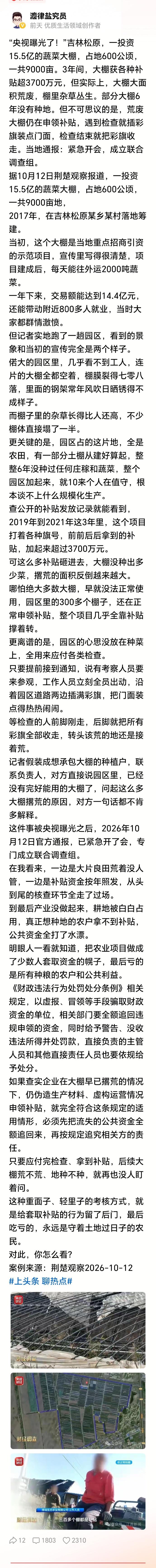 花 15.5 亿建万亩大棚，地里杂草比人高！插彩旗应付检查的闹剧该好好查了！
