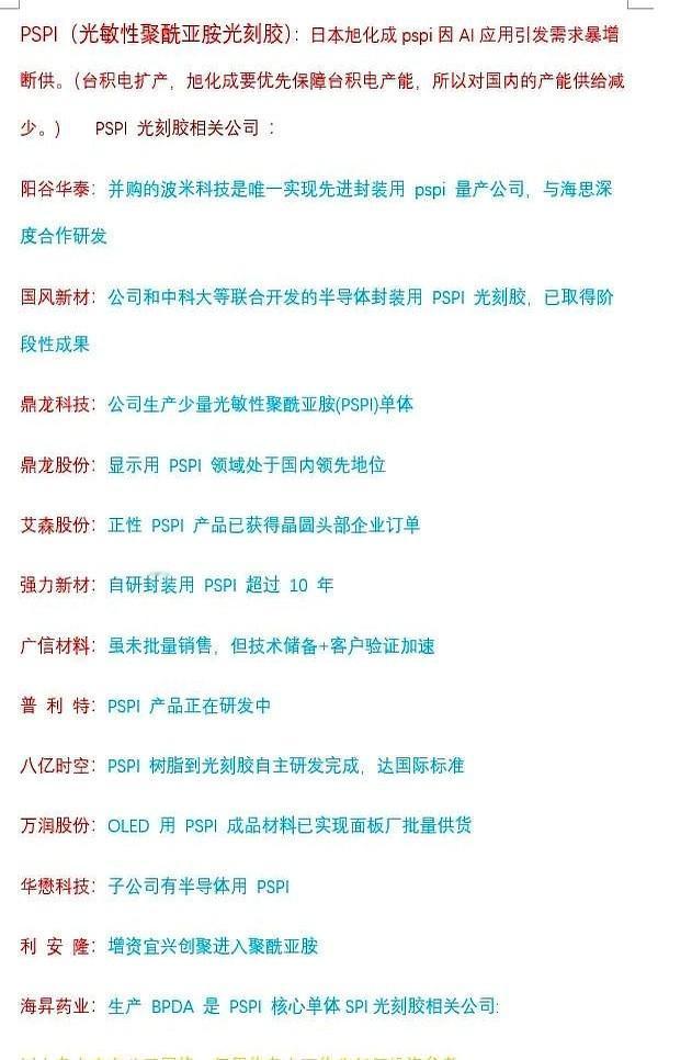 光刻胶概念狂飙！

PSPI：传日本旭化成pspi因AI应用引发需求暴增断供。