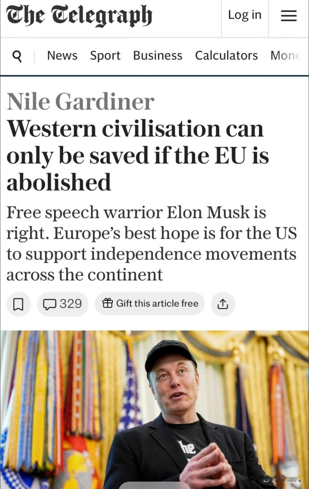 尼罗·加德纳在《电讯报》放话：  
“想救西方文明？先拆欧盟。马斯克说得对——欧