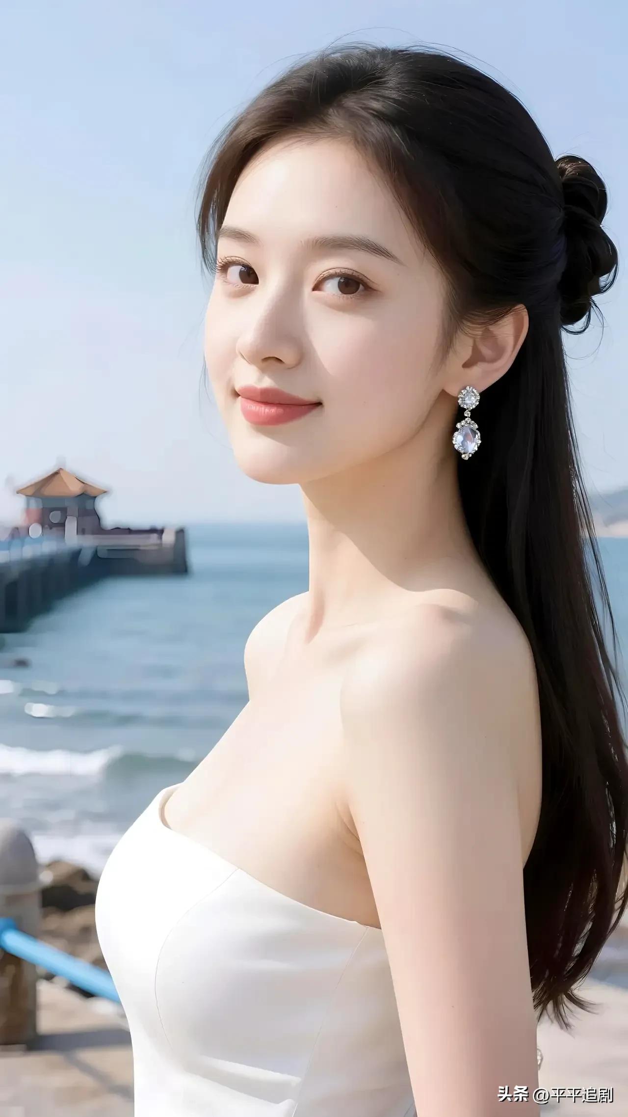 海风漫过肩线，白裙映着浪尖。
耳坠闪着光，眉眼藏着海的温柔，
在浪声里，把心事说