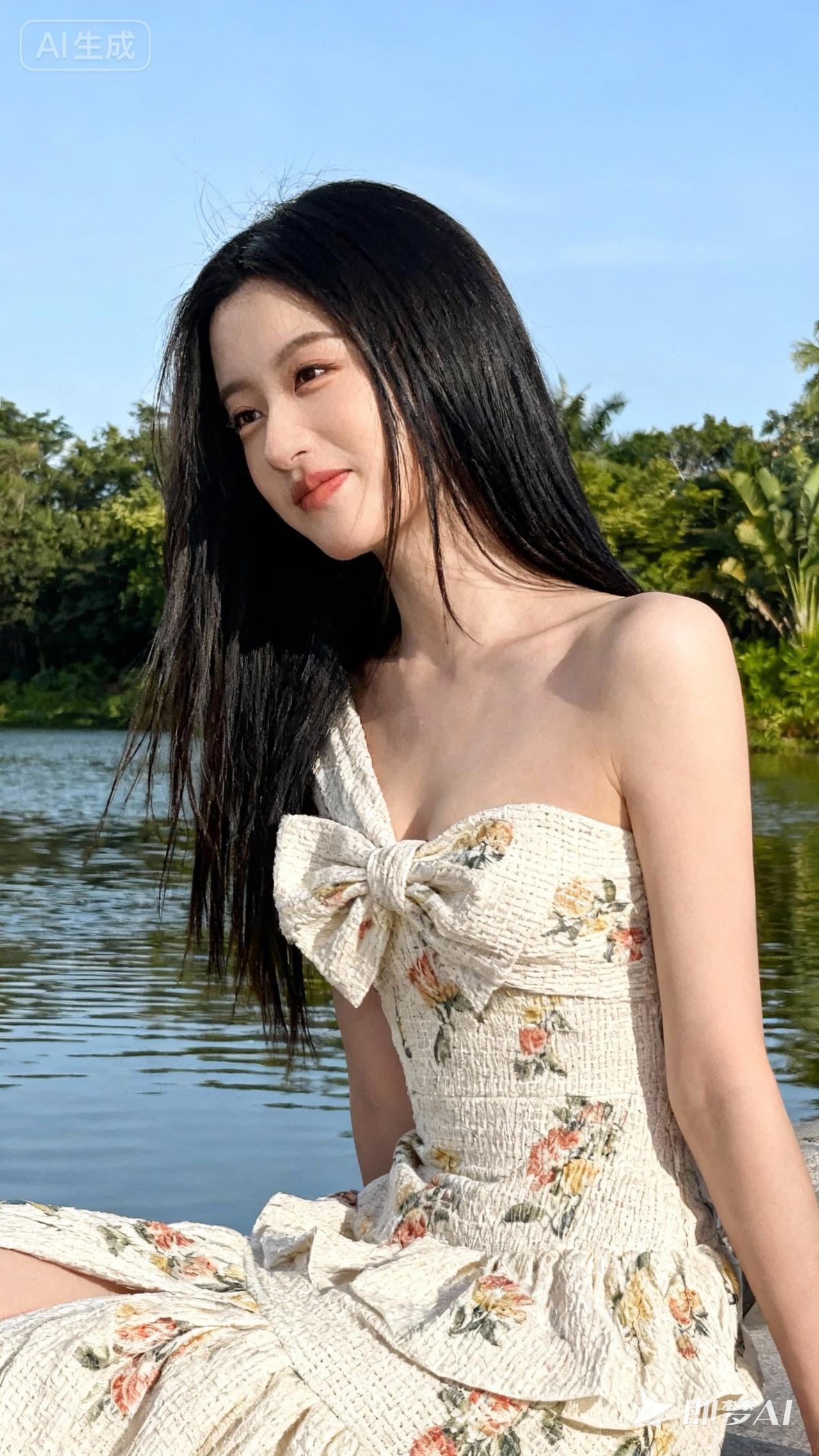 夏日清新少女，湖畔漫步，笑靥如花