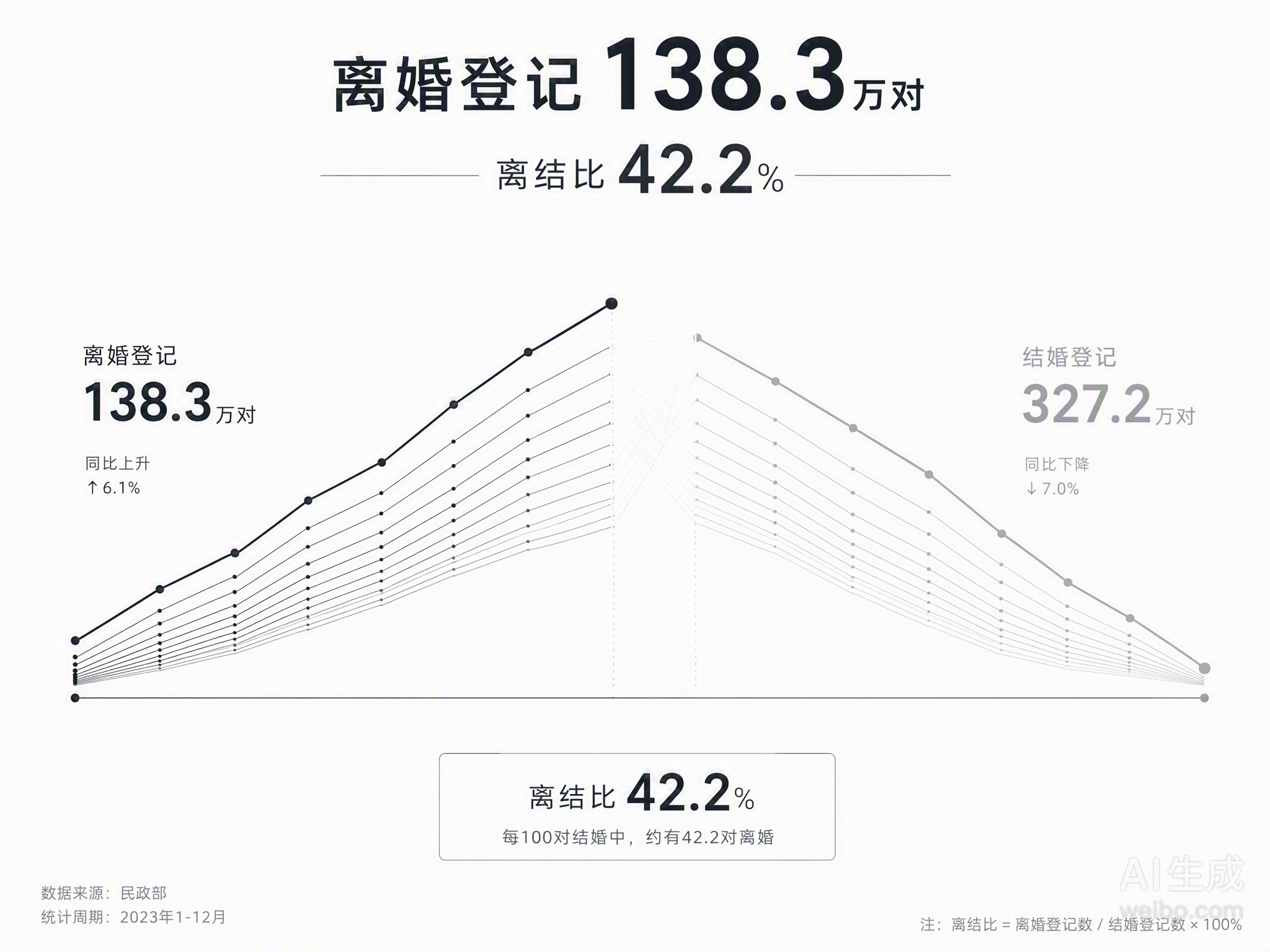 138.3万对，离婚登记数的回升与离结比的攀升，折射出的不仅是情感的波动，更是年
