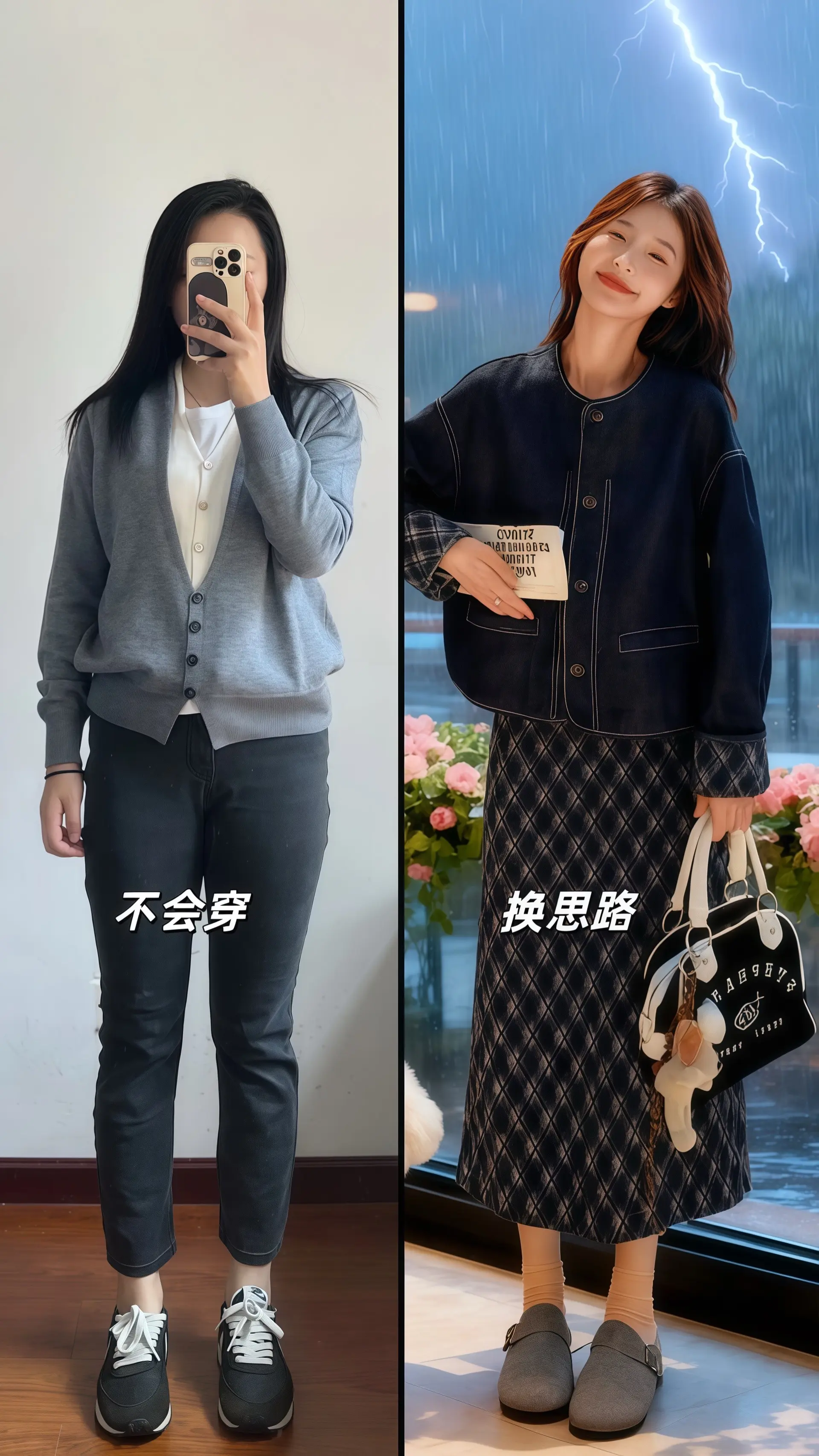 她穿着复古牛仔格纹两件套，水洗牛仔外套漫着旧时光的软，格纹半身裙裙摆随...