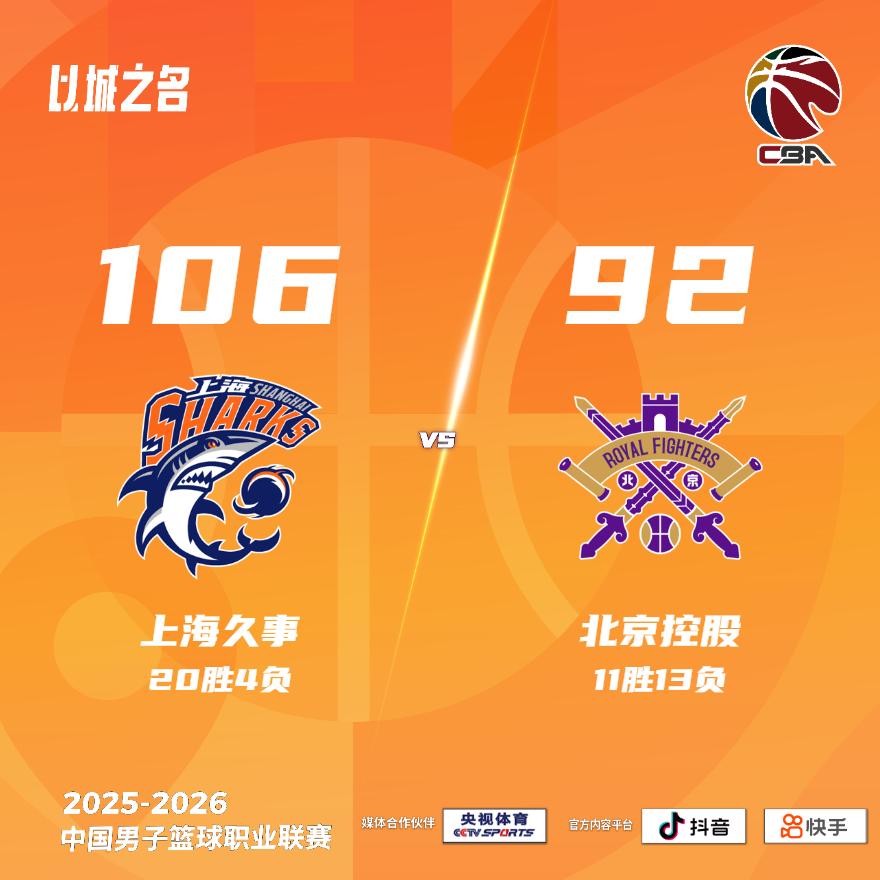 上海久事 106-92 北京控股 上海男篮vs北控男篮
上海久事：洛夫顿24分1