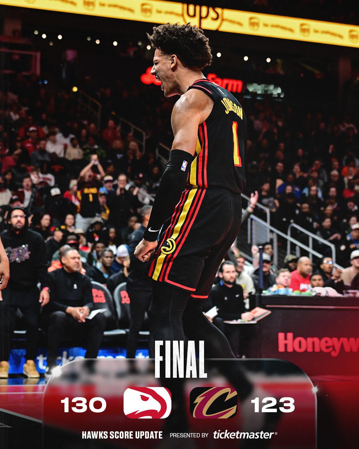 杰伦·约翰逊29+12+12，亚历山大-沃克28分，老鹰在特雷·扬倒下之后15战