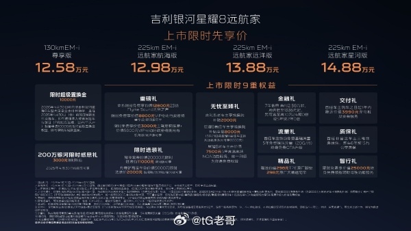 吉利银河星耀8远航家来啦，上市限时先享价12.98~14.88万元。新增225k