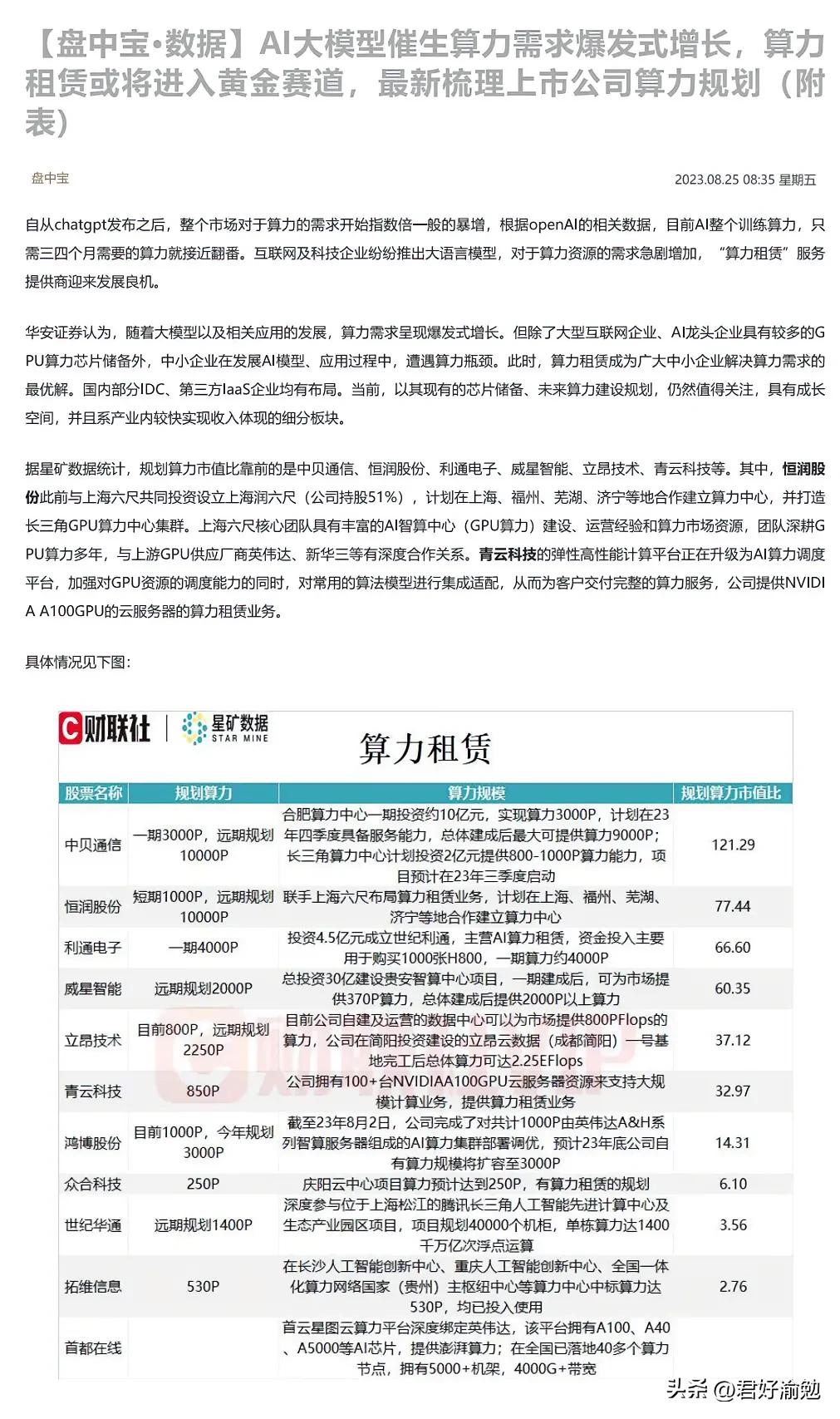 AI大模型催生算力需求爆发式增长，算力租赁或将进入黄金赛道，最新梳理上市公司算力