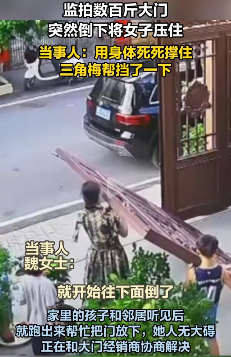 女子被滑轮大门倒砸，幸亏种的三角梅盆栽挡住了缓冲，否则肯定女子受伤！这种门设计安