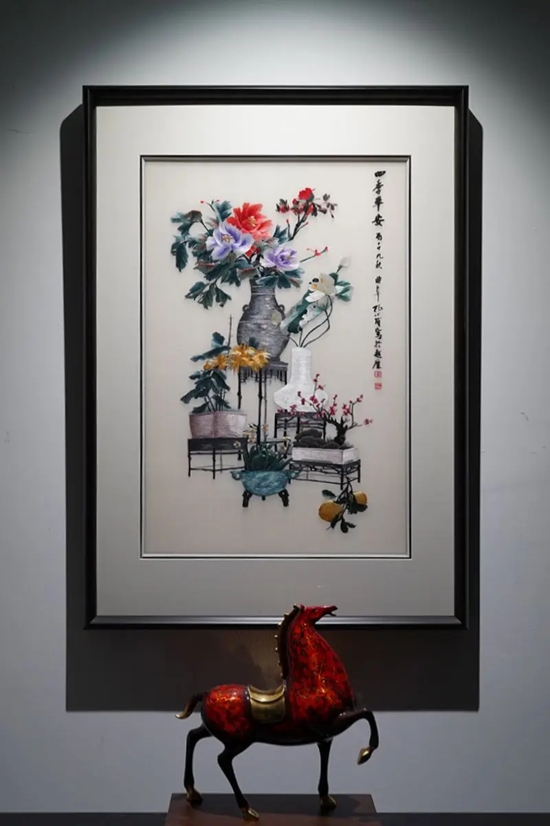 彩丝织博古瓶卉，四时繁花守四季平安 素笺陈古器，双瓶立架，群芳分绽，柿...