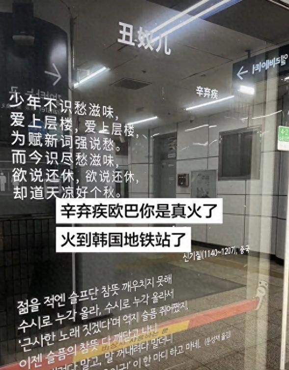 火到韩国了!一位中国游客去韩国旅游，准备乘坐地铁时，突然在展台的玻璃门上看到有汉