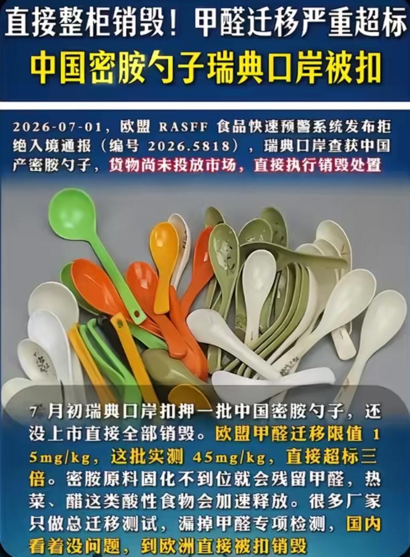 中国勺子在瑞典被当场销毁：甲醛超欧盟标准两倍，可国内谁来守？
 
2026年7月