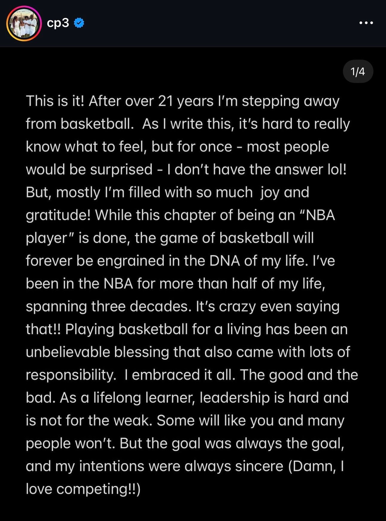 再见CP3！保罗的退役信：“就是这一刻了！在生涯21年后，我将告别篮球。写下这些