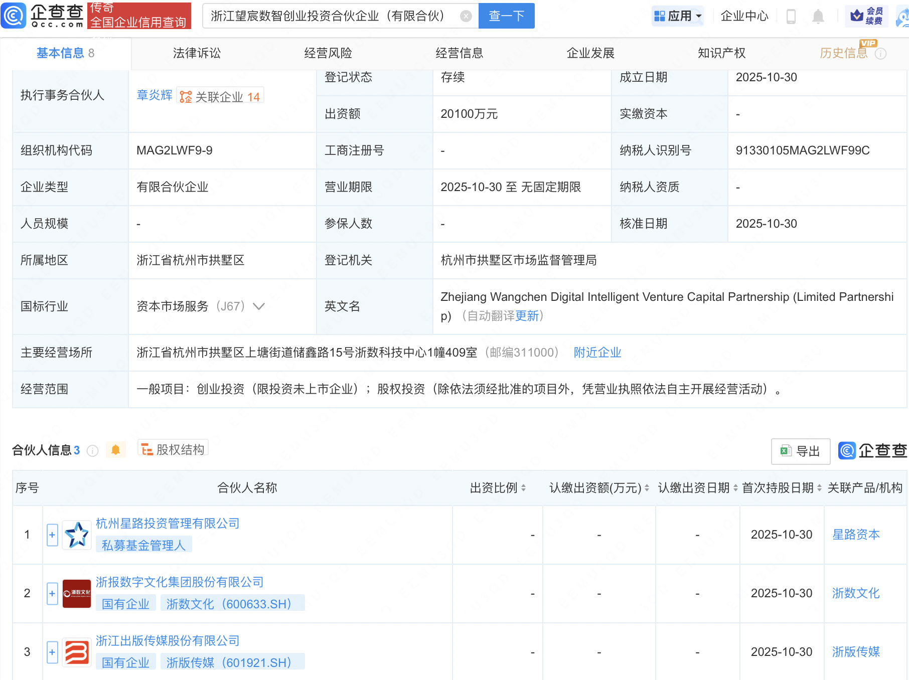 浙数文化、浙版传媒等新设数智创投合伙企业