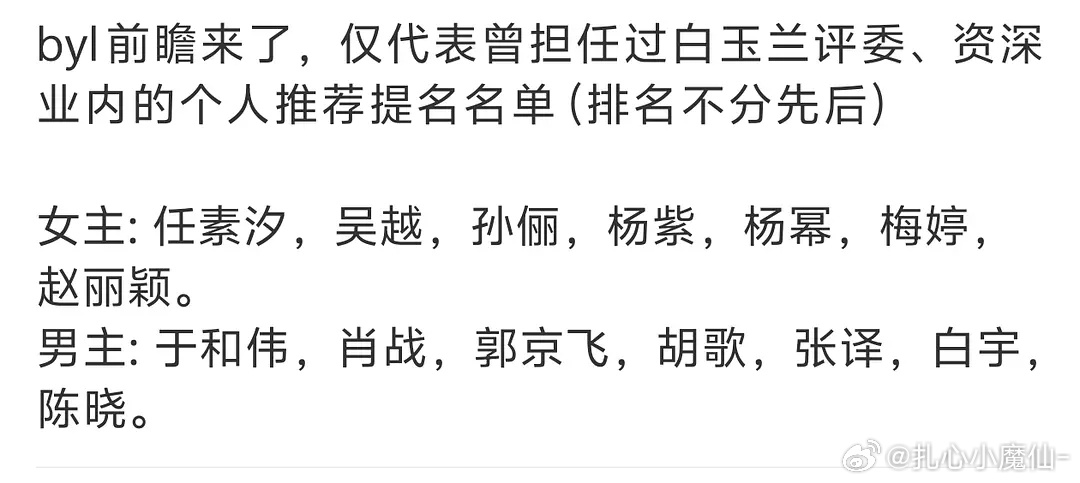 2026白玉兰预测孙俪杨幂竞争，于和伟肖战竞争，能提名白玉兰也很强了