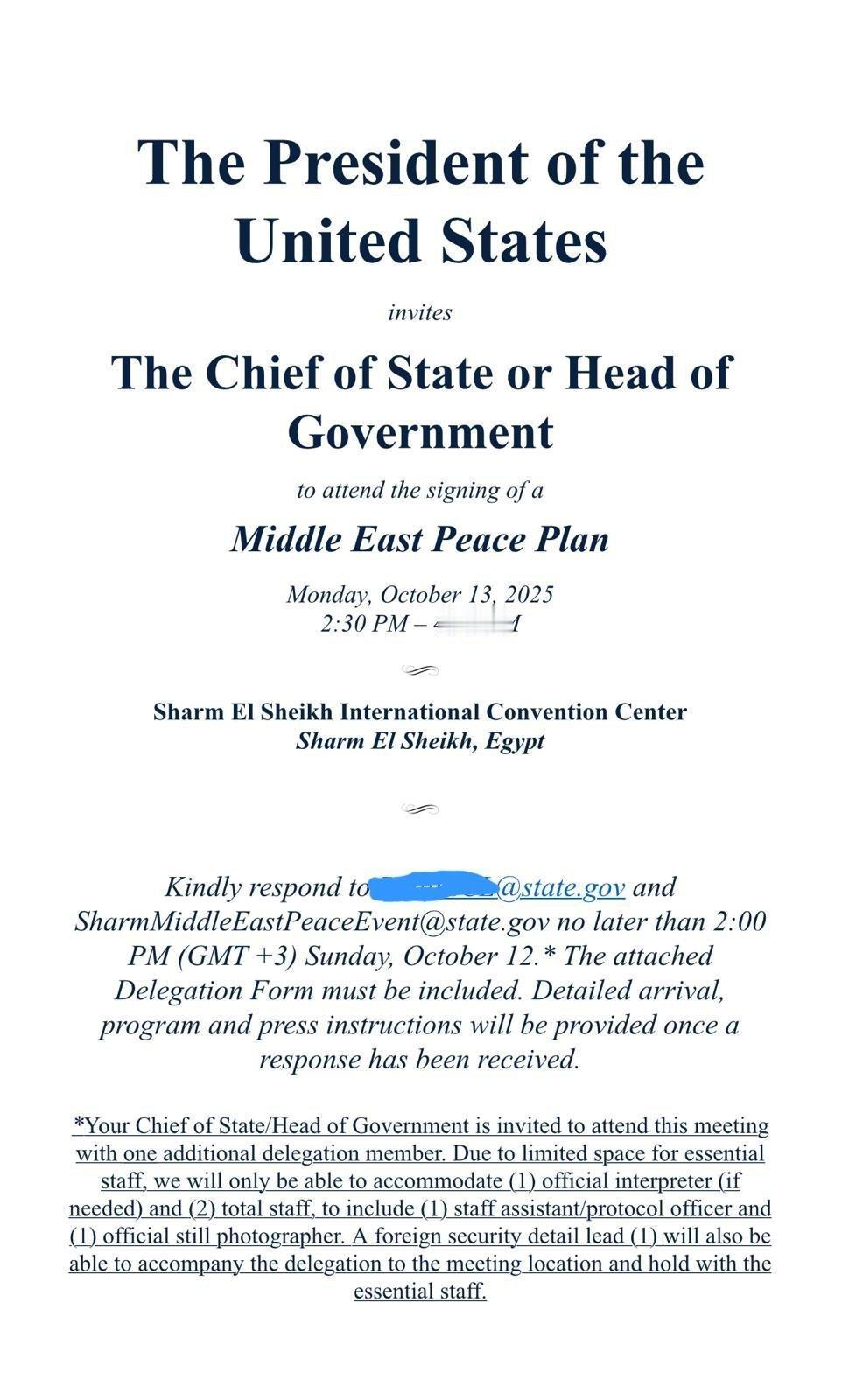 美国国务院向将于周一在沙姆沙伊赫举行的加沙领导人峰会发送了正式邀请。  美国显著