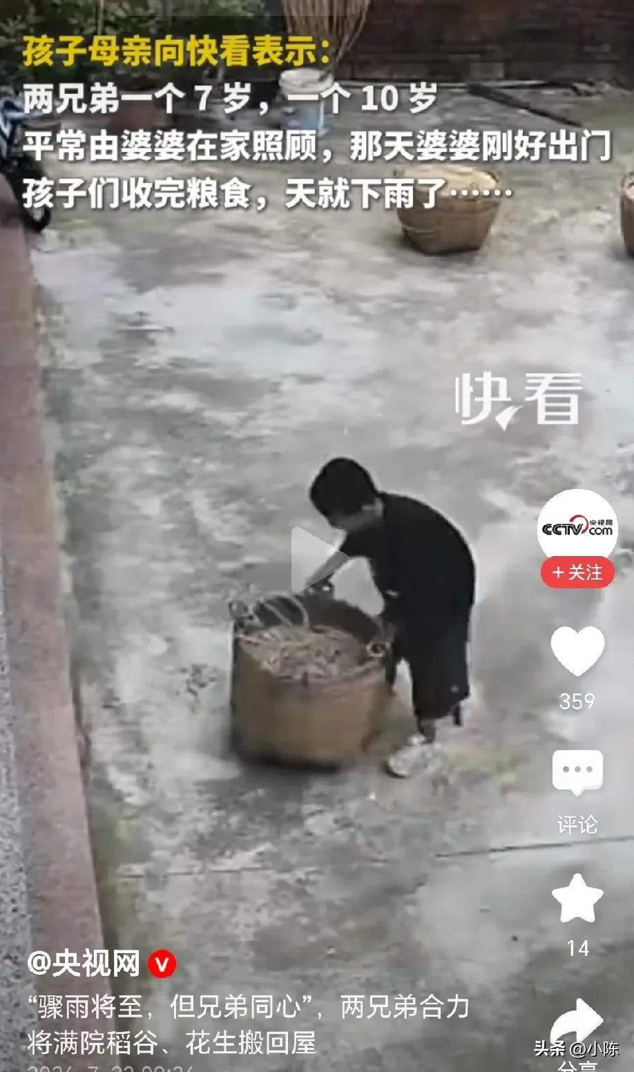 “兄弟齐心”！广东阳江，暴雨将至，两兄弟齐心将满满一院子的花生稻谷收回家，一个人