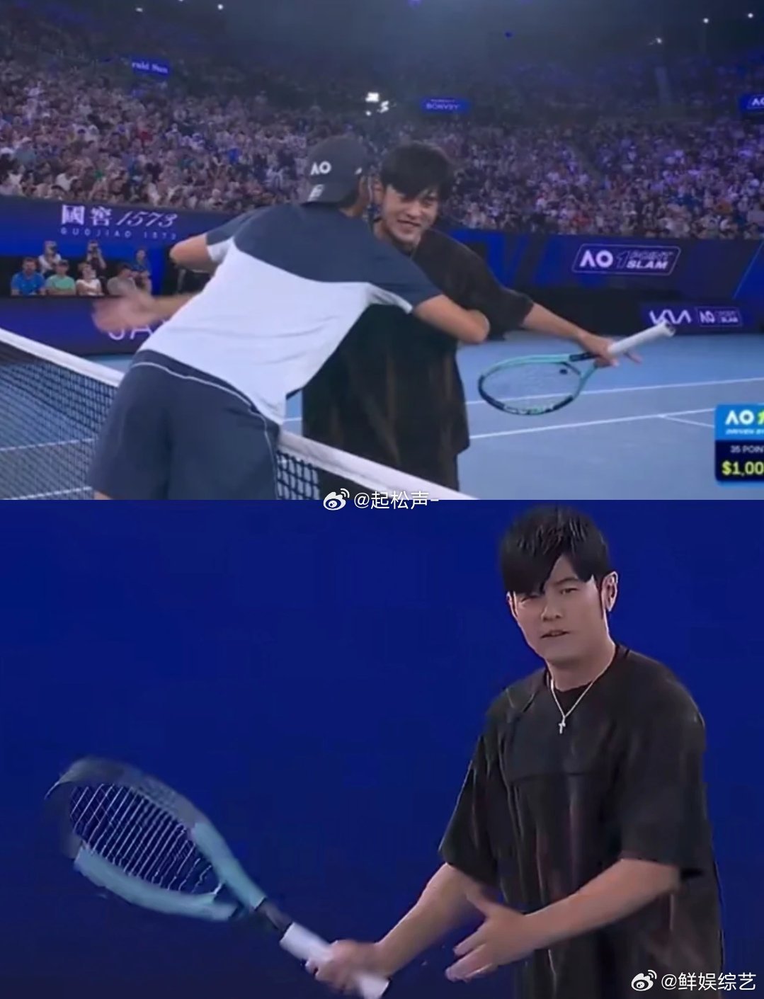 周杰伦 亮个相吧小宝贝 澳网现场的快乐源泉！周董接球姿势还没摆稳就下场，球迷开启