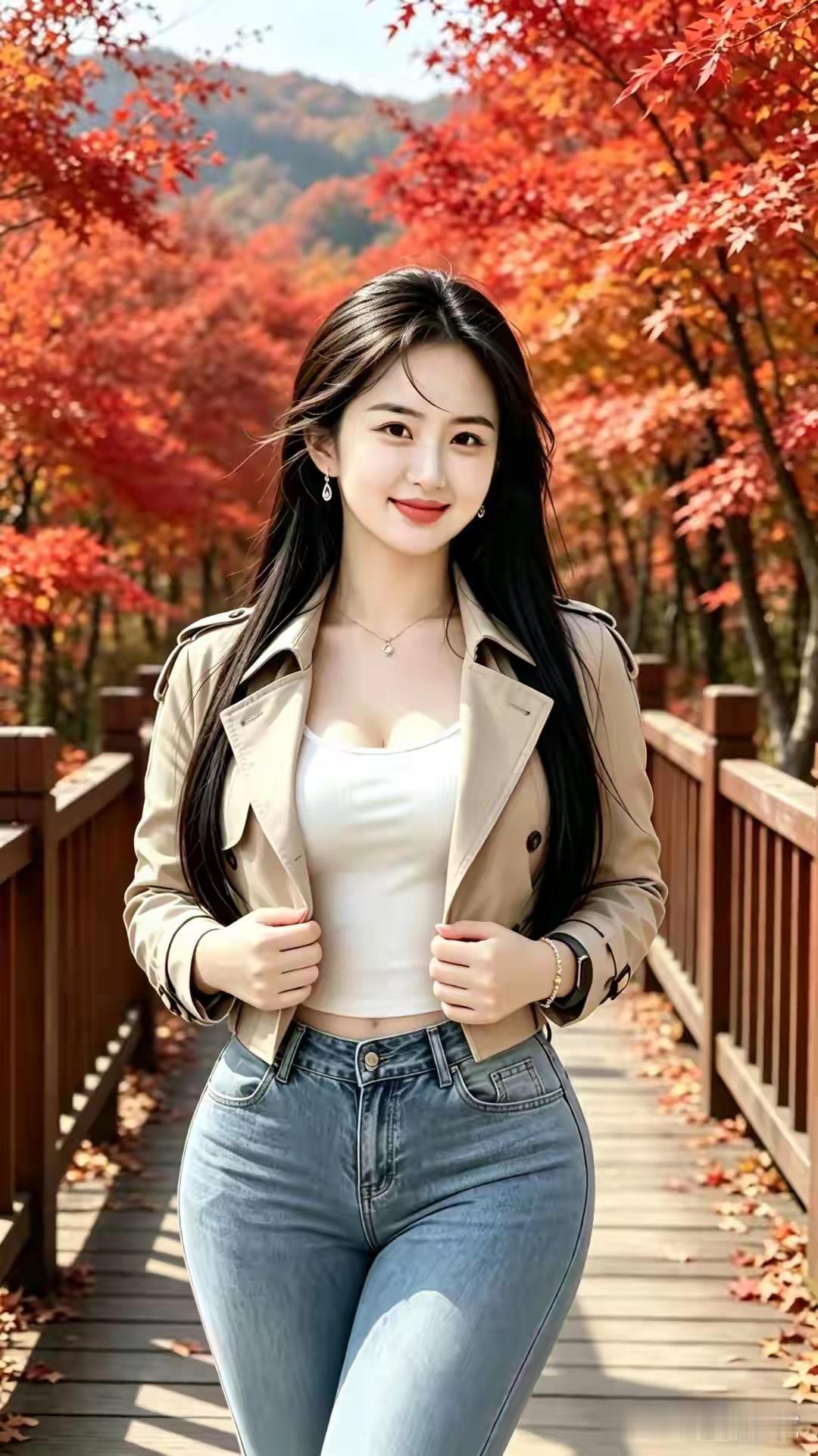 望远秋意浓，
漫山枫叶红。
美女栈道过，
满面绽笑容。