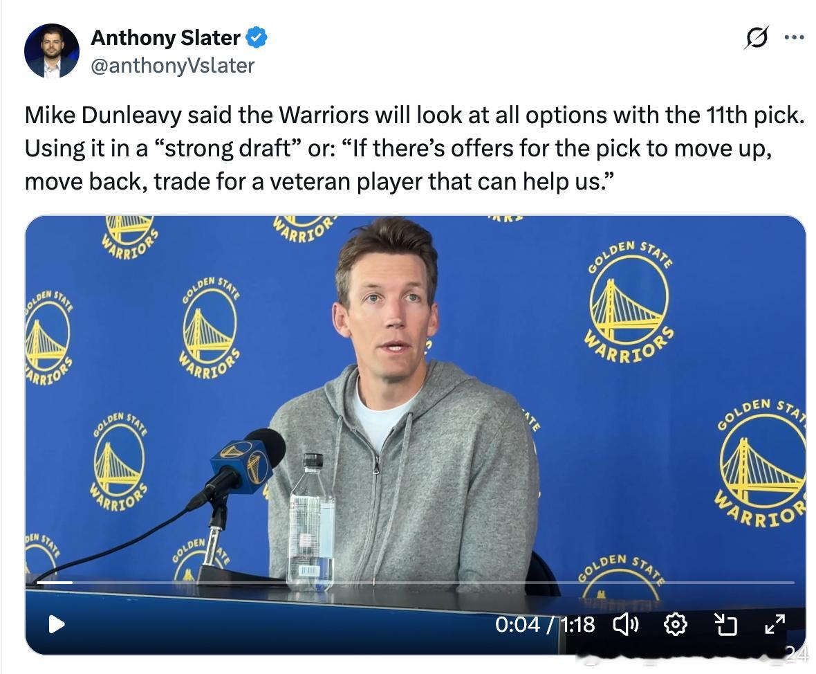 据Anthony Slater报道，勇士总经理迈克·邓利维表示，球队将评估关于第
