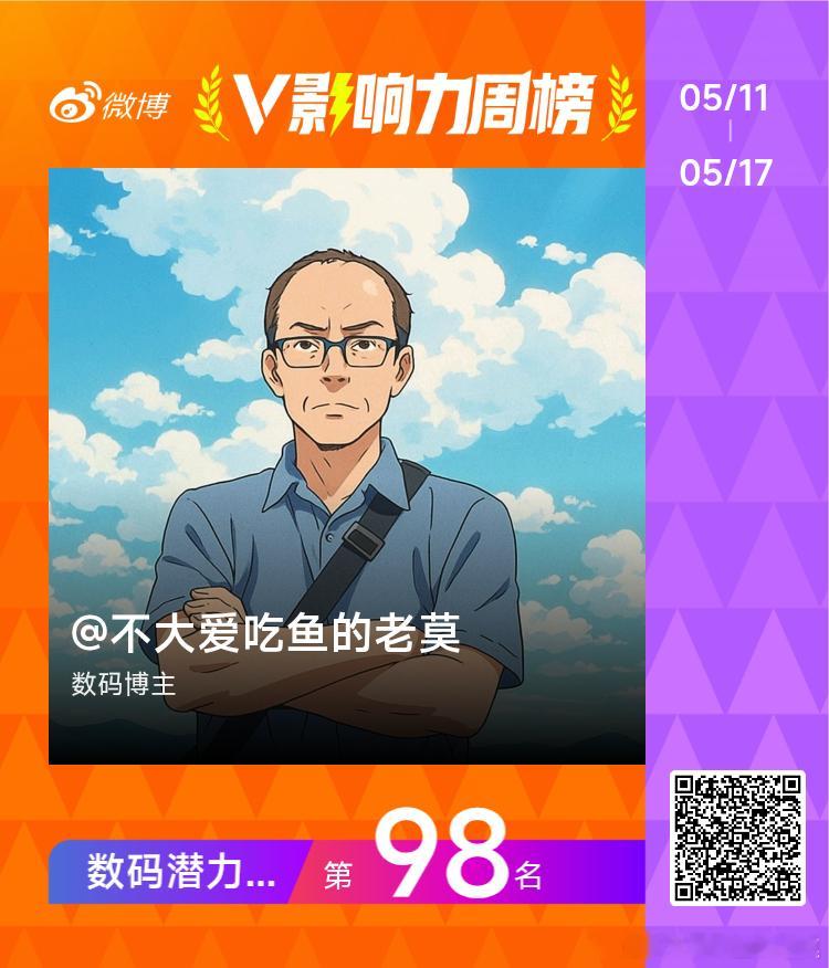 【V影响力榜 2026年第20周】「数码潜力周榜」揭榜啦，意外进入数码潜力榜前1