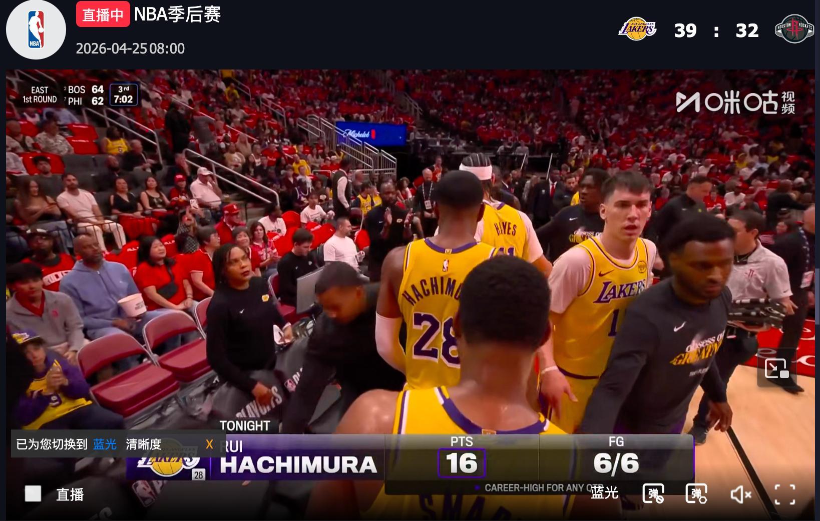 第一节结束，湖人39-32火箭湖人首节手感不错八村变八神6中6，单节狂砍16分！