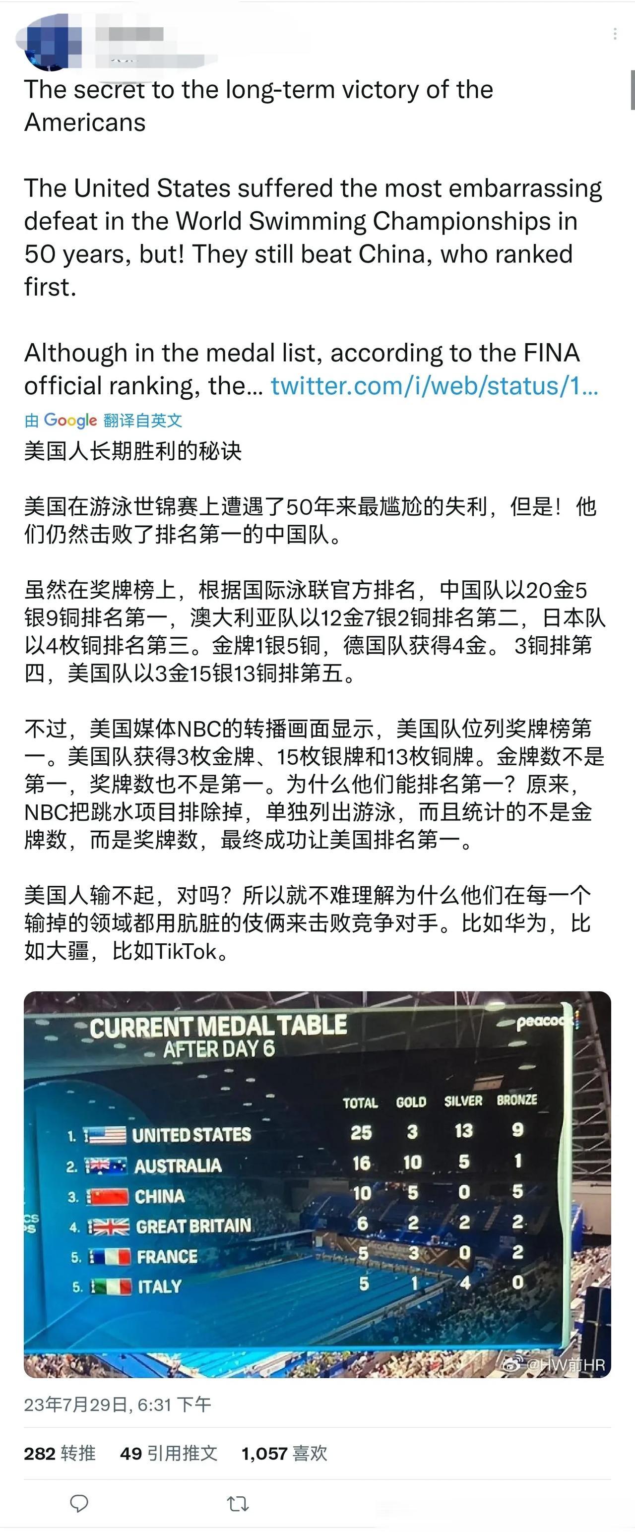 中国金牌奖牌都比美国多，为什么在美国媒体上却排在美国的后面？推友公布美国在体育赛