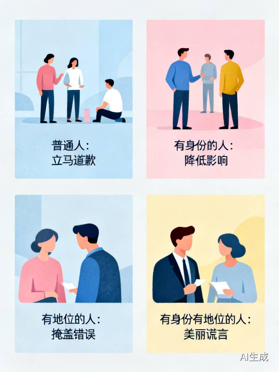 一个普通人犯了错误会立马道歉。
一个有身份的人犯了错会想办法降低错误造成的影响。