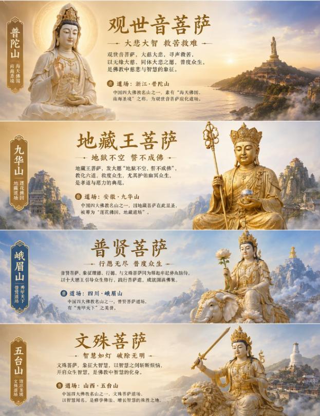 四大菩萨的道场在哪?
观世音菩萨·主慈悲--浙江普陀山
地藏王菩萨·主大愿一-安