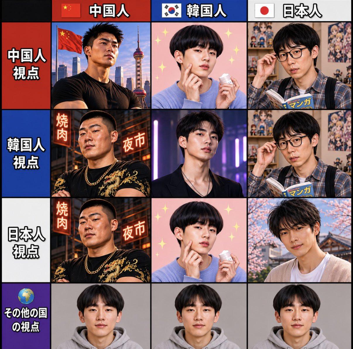 这啥意思，在日韩两国眼里中国都是戴金链子的大哥；中日眼里，韩国是化妆娘炮；而中韩