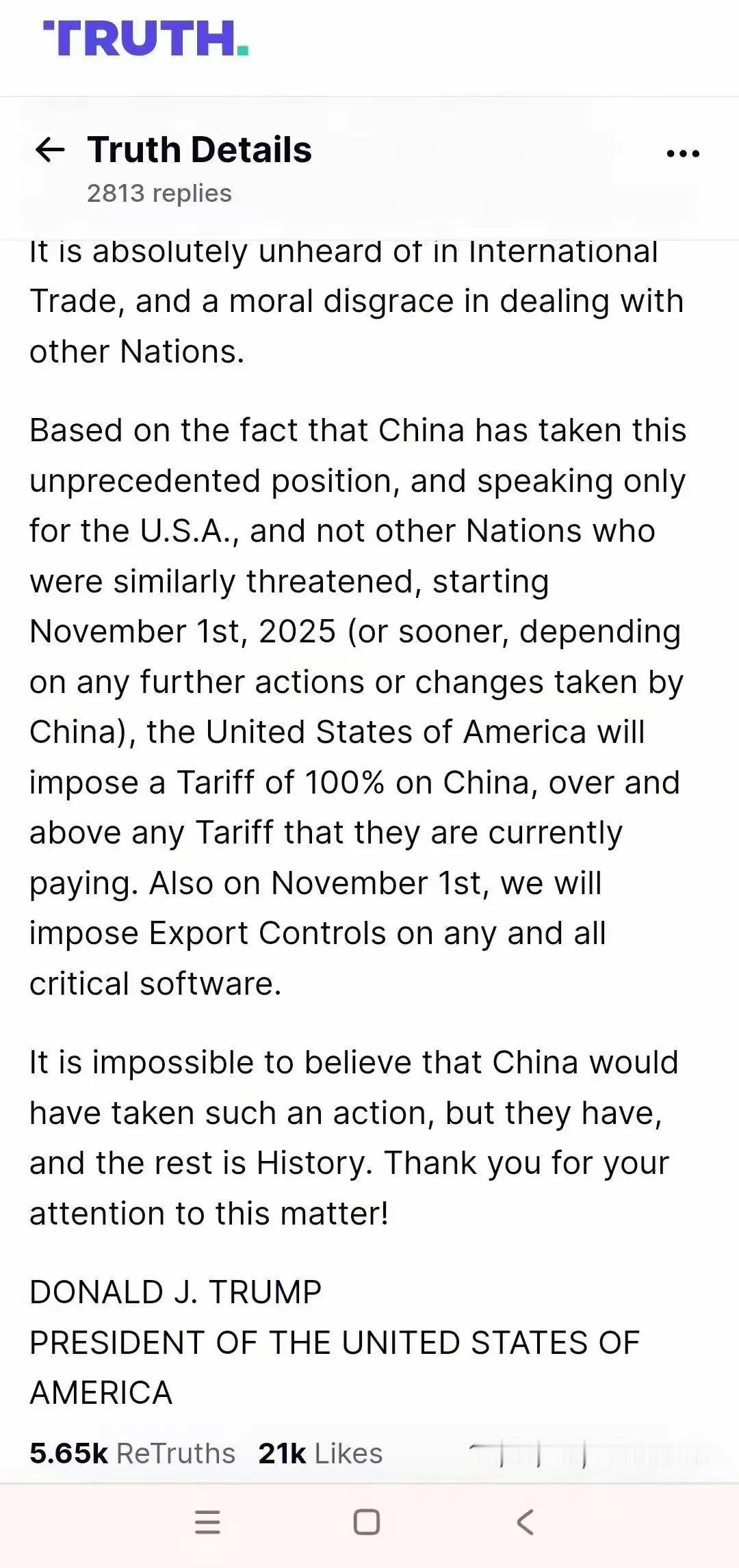 从11月1日起加征东大100%关税，特朗普突然间发飙。

本来双方商定的是，11