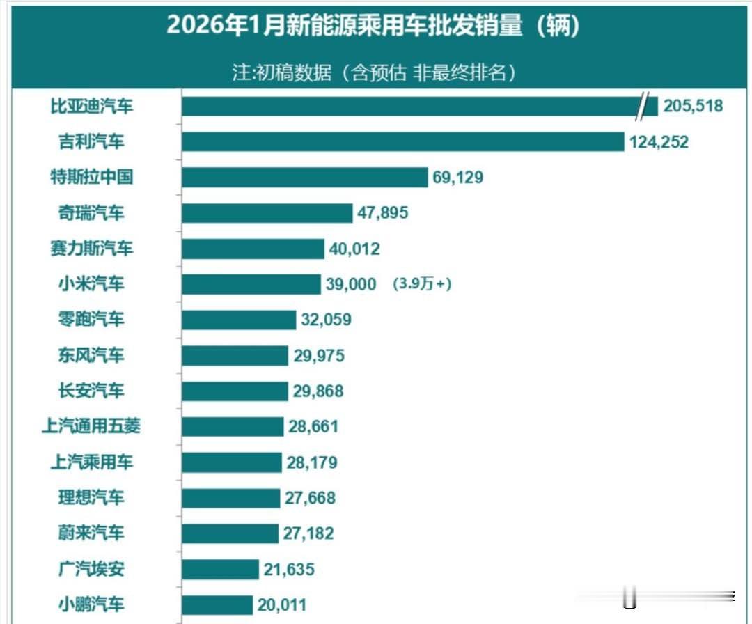 中国1月的新能源车批发销量，比亚迪年减-31%至20.5万台，吉利年增2%，特斯