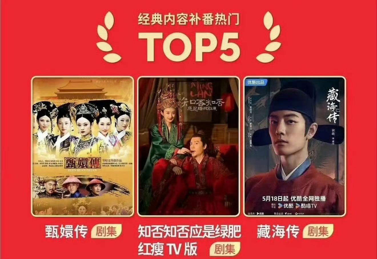 优酷发的养老剧top3，长尾剧都在👖孙俪《甄嬛传》赵丽颖《知否知否应是绿肥红瘦