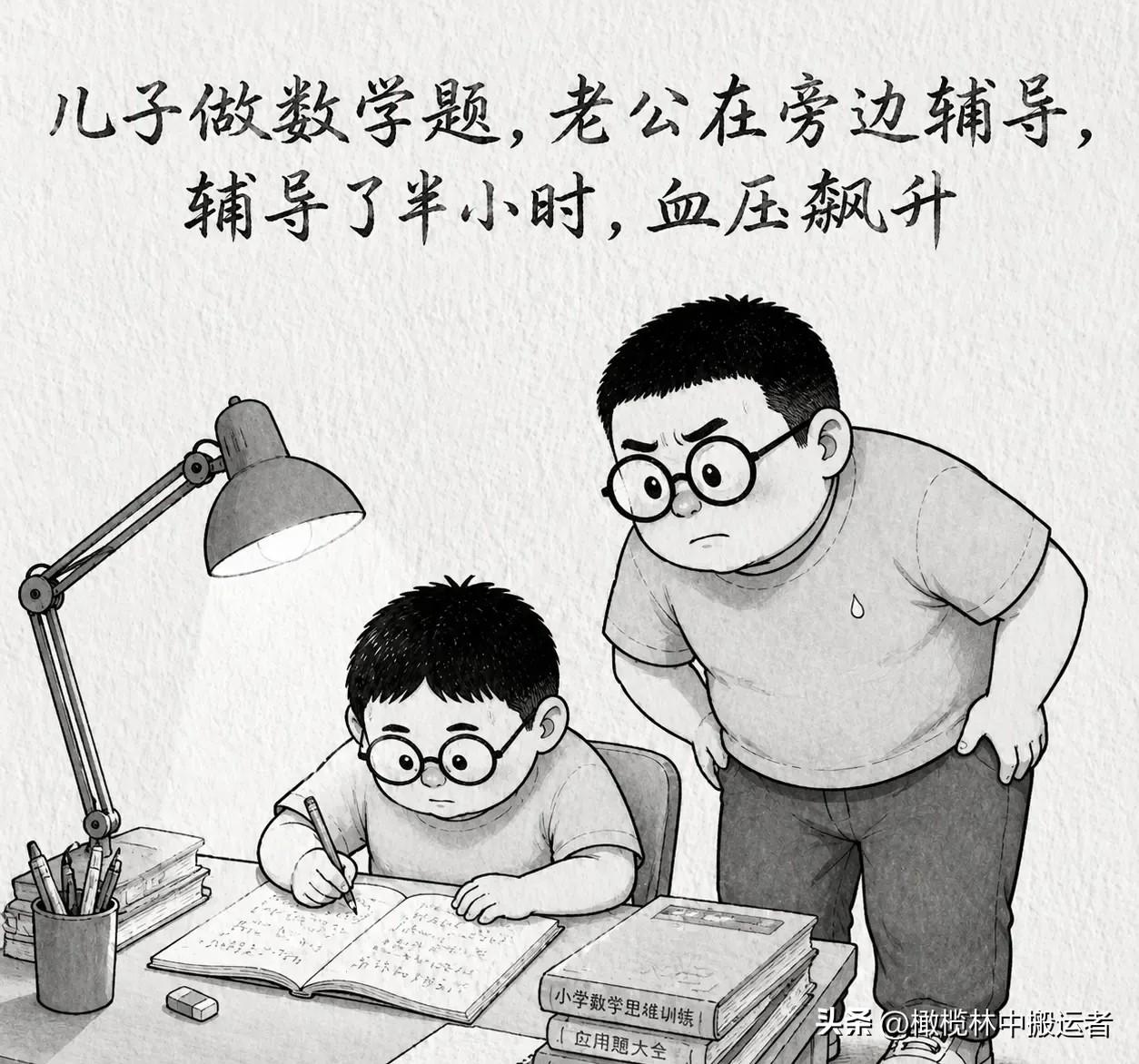 趣味漫画：儿子做数学题，老公在旁边辅导，辅导了半小时，血压飙升。老公吼：「这么简