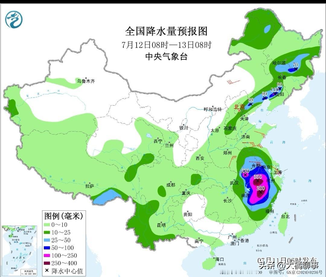 据中央气象台全国降水量预报图预测显示7月13日左右降雨量较大覆盖：福建、浙江、江