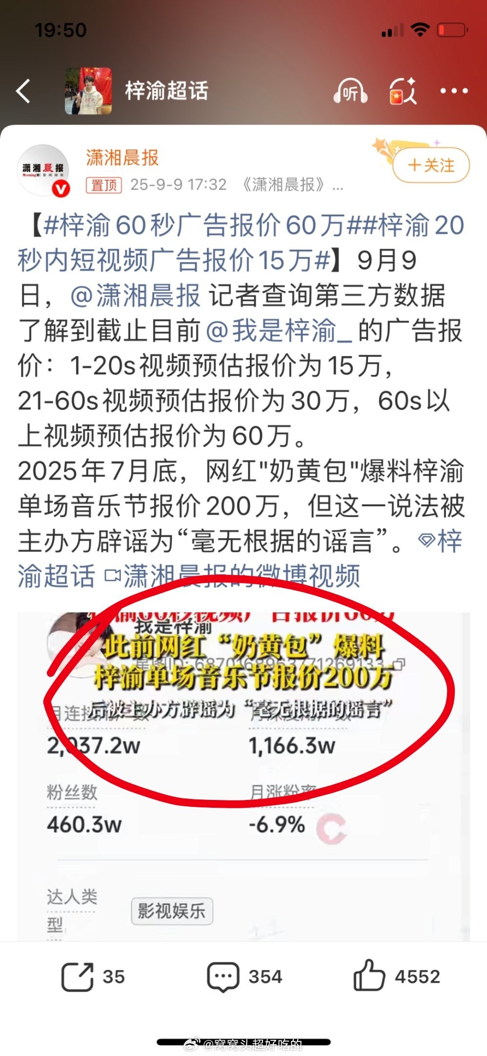 梓渝60秒广告报价60万反正也没看见告奶黄包 穿女装肯定不是接了带货啥的，应该就