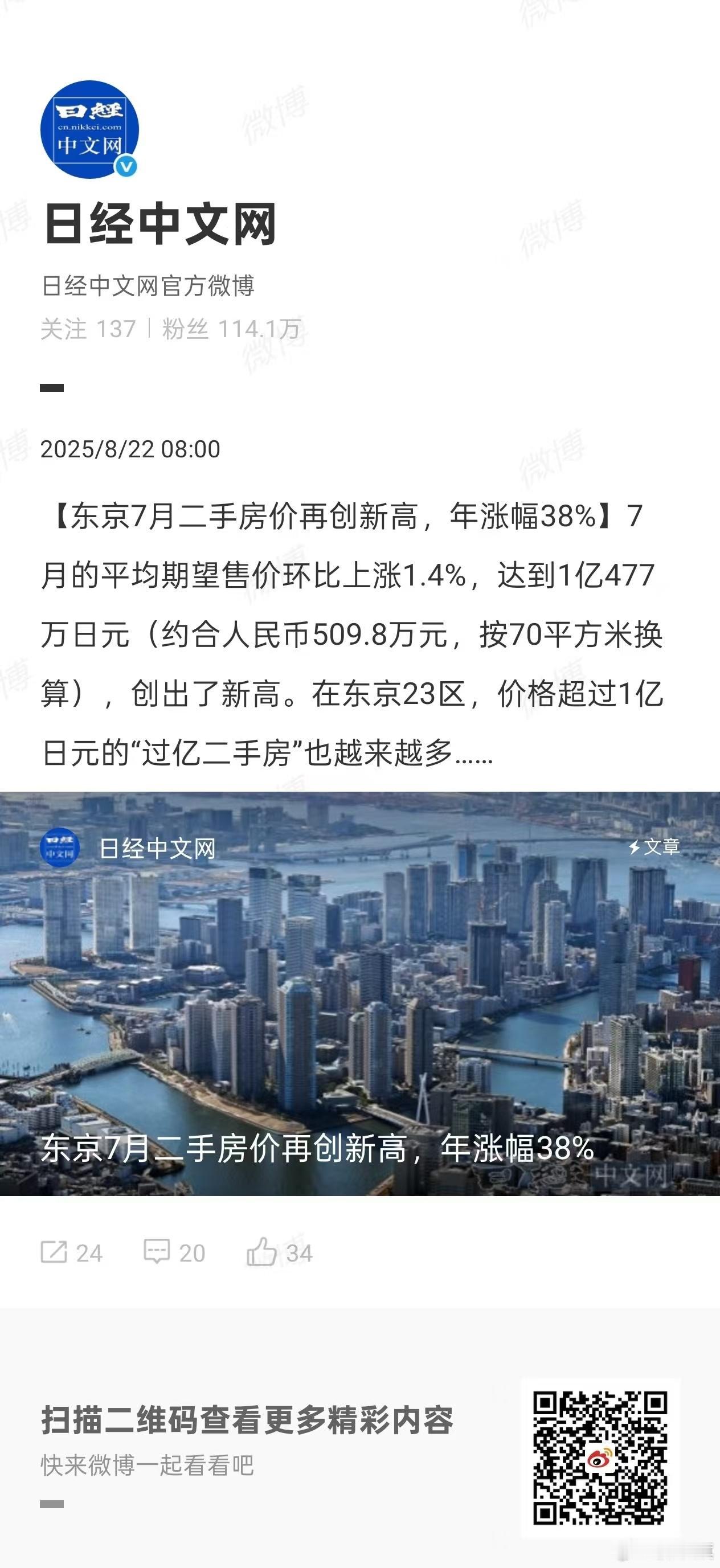 日本东京房价，年涨幅38% 。
这个涨幅很恐怖。日本少子化后，人口逐年下降。东京