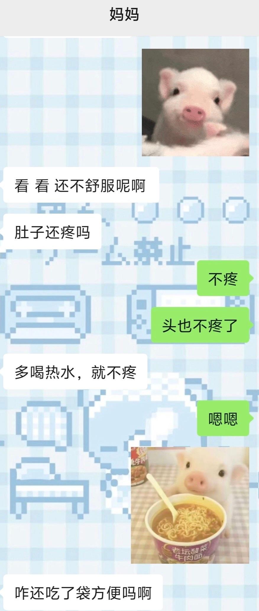 猫猫总是喜欢把表情包当成主包，因为来例假了昨天和猫猫说了肚子疼，今天和猫猫聊天看