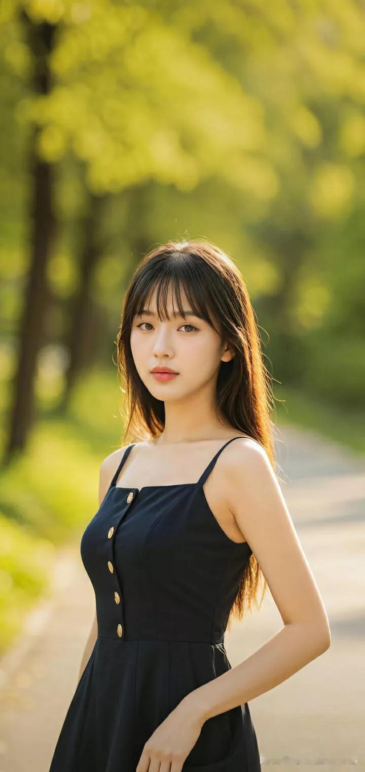 阳光洒满的午后，黑裙少女在林间漫步，静谧而优雅。