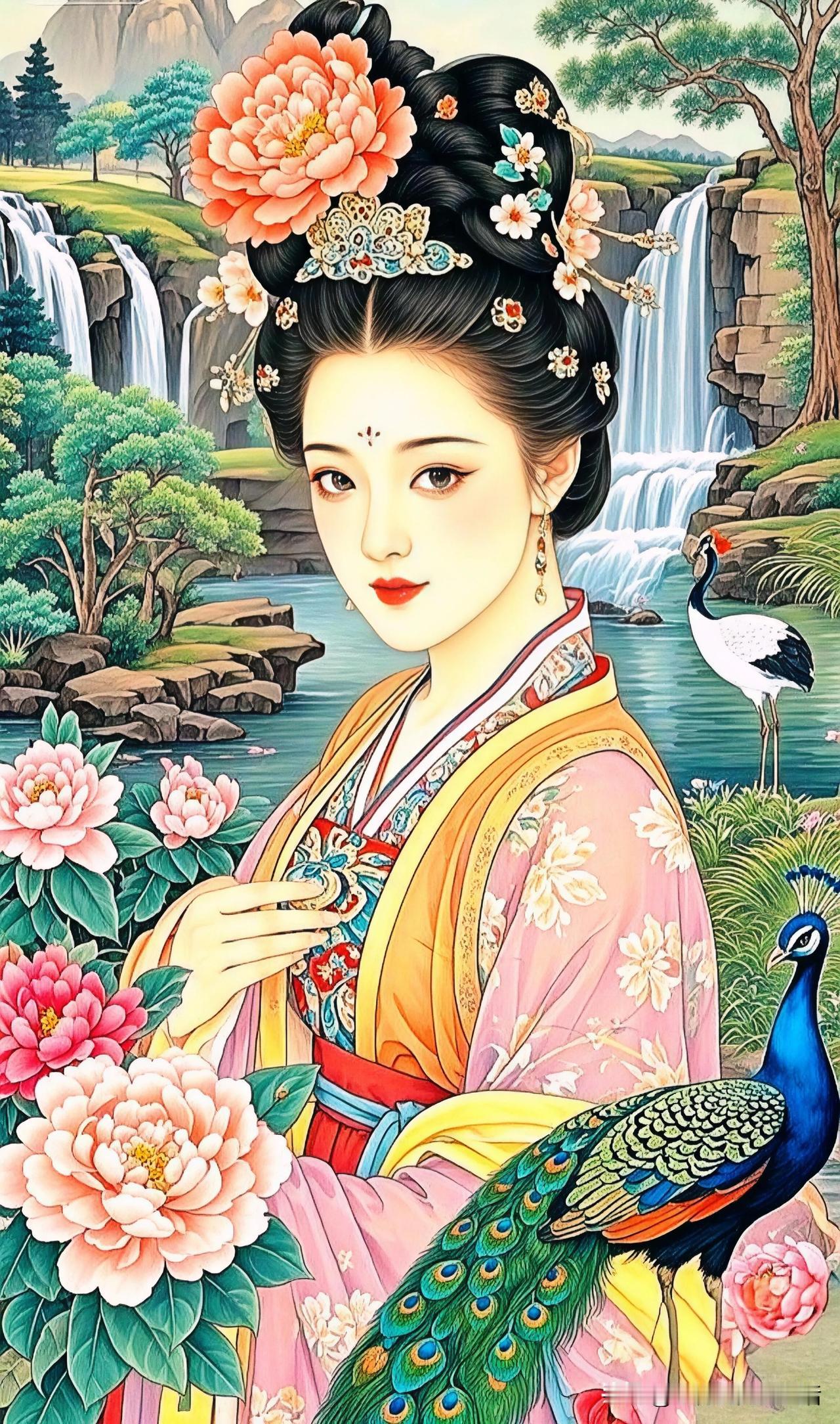 花间美人，孔雀相随。