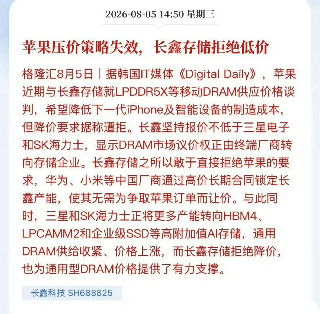 苹果想找长鑫存储买LPDDR5X内存，本来想压压价省点成本。结果长鑫直接拒绝，报